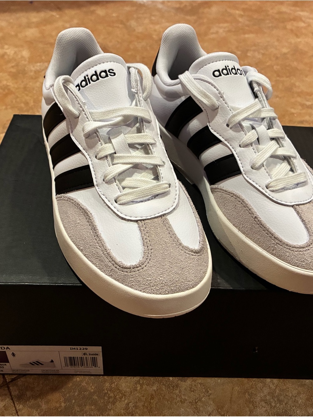 adidas Women’s White Sneakers with Black Stripes and Light Gray Suede
